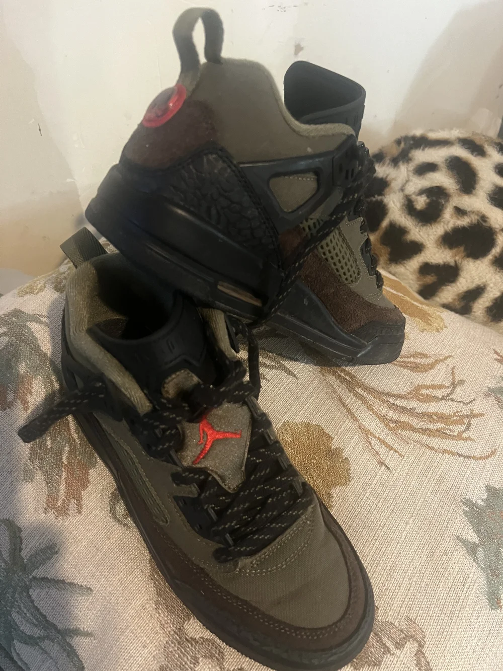 Jordan Olive Green and Brown High-Top Sneakers with Red Jumpman